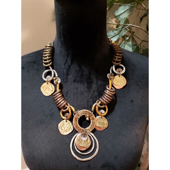 Womens Fashion Boho Multi Tone Hammered Coins Circles Charm Statement Necklace - Picture 1 of 8